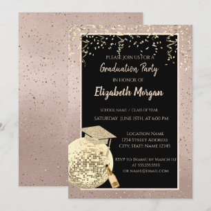 Convites Disco Ball Confetti, Graduação Dourada Rosa de V
