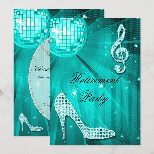 Convites Disco Ball e Sparkle Heels Retimento Teal (Frente/Verso)