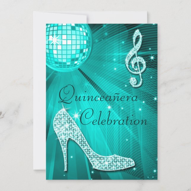 Convites Disco Ball e Sparkle Heels Teal Quinceañera (Frente)