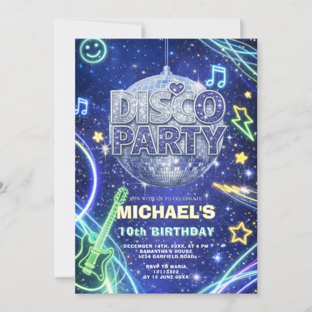 Convites Disco Ball Neon Space Kids Birthday Party Invite (Frente)