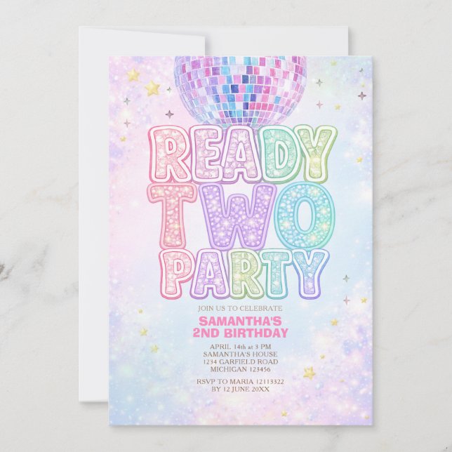 Convites Disco Ball Pastel Rainbow Toddler Birthday Party  (Frente)