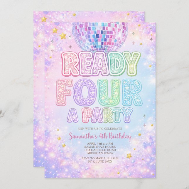 Convites Disco Ball Ready FOUR a party  Birthday (Frente/Verso)