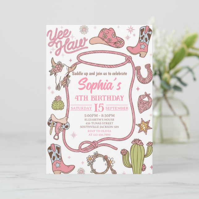 Convites Disco Cowgirl Nashville Pink Rodeo Birthday Party (Em pé/Frente)