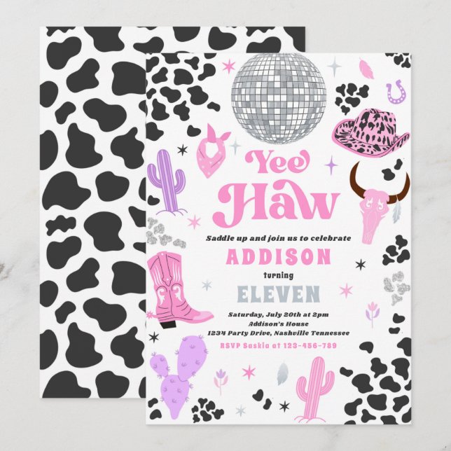 Convites Disco Cowgirl Nashville Pink Rodeo Festa de aniver (Frente/Verso)