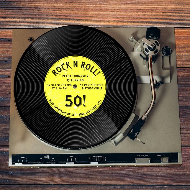 Convites Disco de Vinil Retro Rock N Roll Amarelo Aniversár (Retro Vinyl Record Rock N Roll Yellow Birthday Invitation)