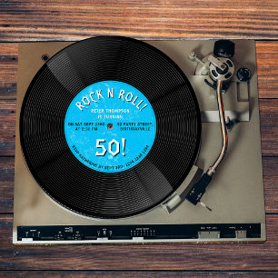 Convites Disco de Vinil Retro Rock N Roll Azul de Aniversár