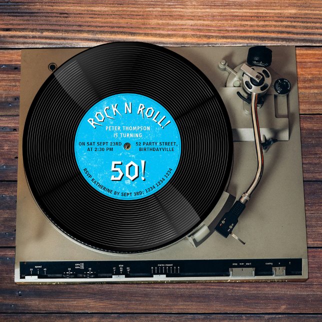 Convites Disco de Vinil Retro Rock N Roll Azul de Aniversár (Retro Vinyl Record Rock N Roll Blue Birthday Invitation)