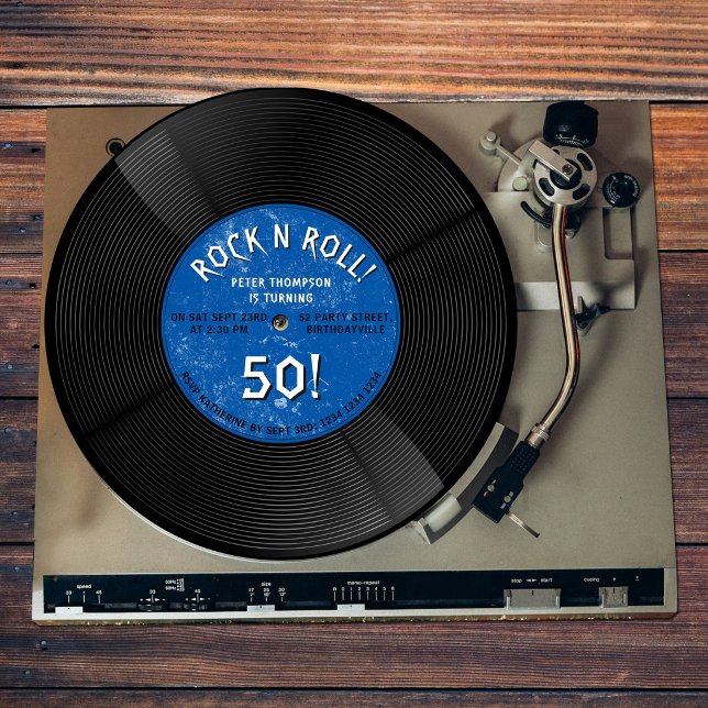 Convites Disco de Vinil Retro Rock N Roll Azul de Aniversár (Retro Vinyl Record Rock N Roll Blue Birthday Invitation)