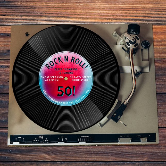 Convites Disco de Vinil Retro Rock N Roll Azul Vermelho Ani (Retro Vinyl Record Rock N Roll Blue Red Birthday Invitation)