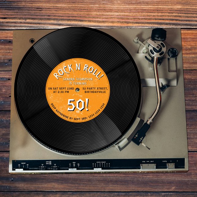 Convites Disco de Vinil Retro Rock N Roll Laranja Aniversár (Retro Vinyl Record Rock N Roll Orange Birthday Invitation)