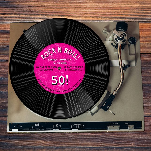 Convites Disco de Vinil Retrô Rock N Roll Rosa Aniversário (Retro Vinyl Record Rock N Roll Pink Birthday Invitation)