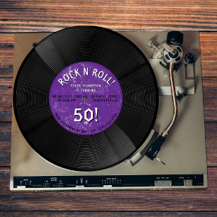 Convites Disco de Vinil Retro Rock N Roll Roxo Aniversário