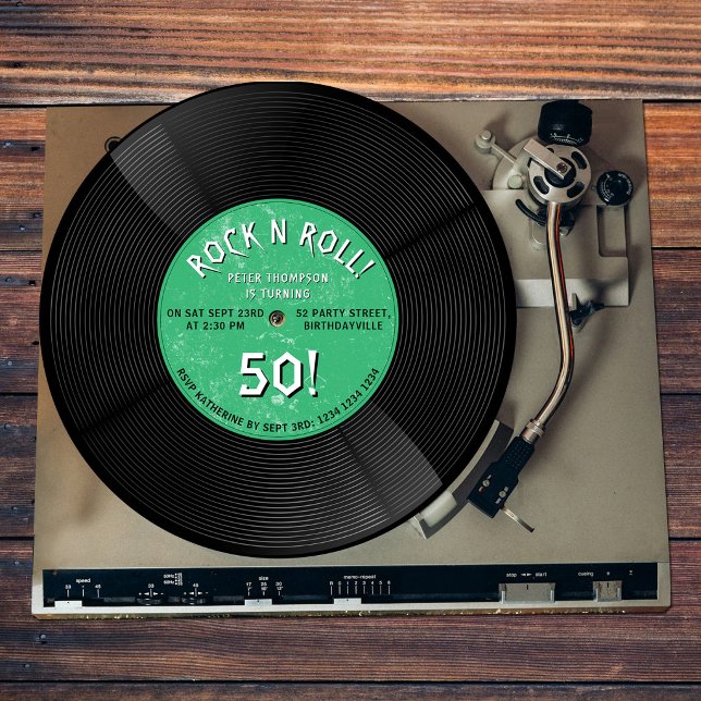 Convites Disco de Vinil Retro Rock N Roll Verde Aniversário (Retro Vinyl Record Rock N Roll Green Birthday Invitation)