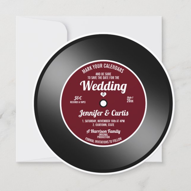 Convites Disco de Vinil Retro Vinho Tinto Casamento Salve a (Frente)