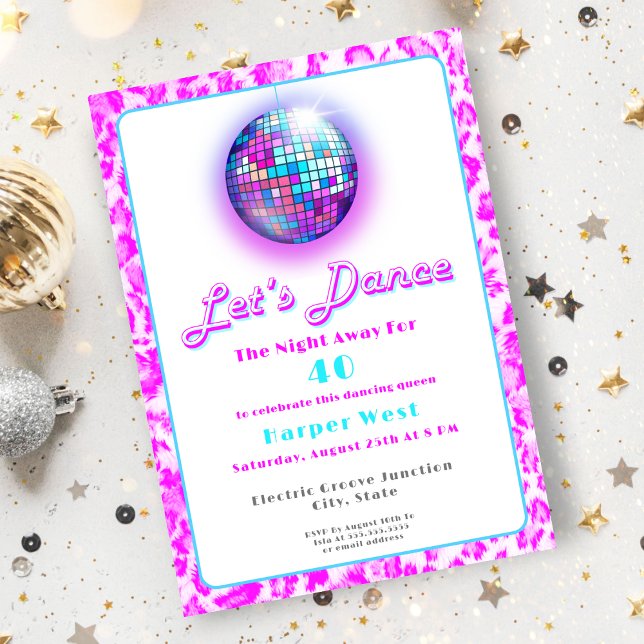 Convites Disco Estampa de Leopardo Rosa Aniversário de Danç (A disco fun invitation for your milestone birthday!)