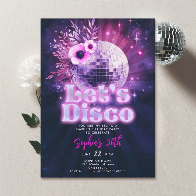 Convites Disco Garden Party 70s Hot Pink aniversário de 30  (disco garden party 30th birthday invitation groovy 70s floral disco ball hot pink purple navy)