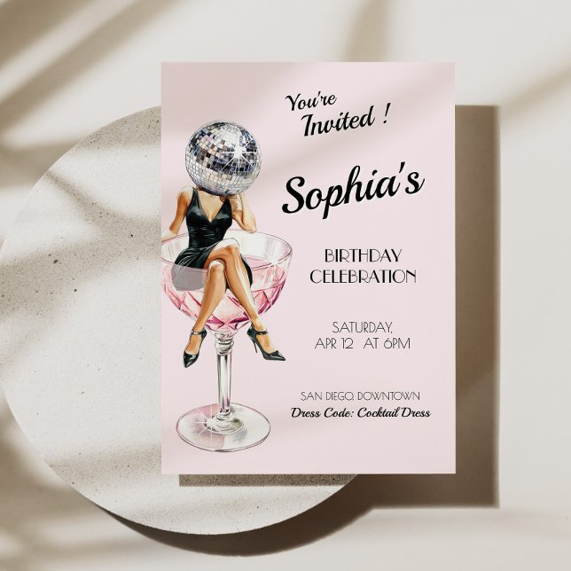 Convites Disco Girl In Martini Glass Birthday Convide (Disco Girl In Martini Glass Birthday Invite)