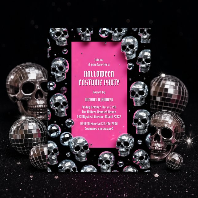 Convites Disco Skull Pink Glam Halloween Festa de Figurino (Disco Skull Pink Halloween Costume Party – Glam Spooky Chic)