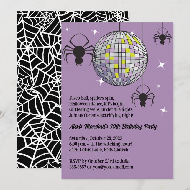 Convites Disco Spiders Halloween Purple Retro Costume Party (Frente/Verso)