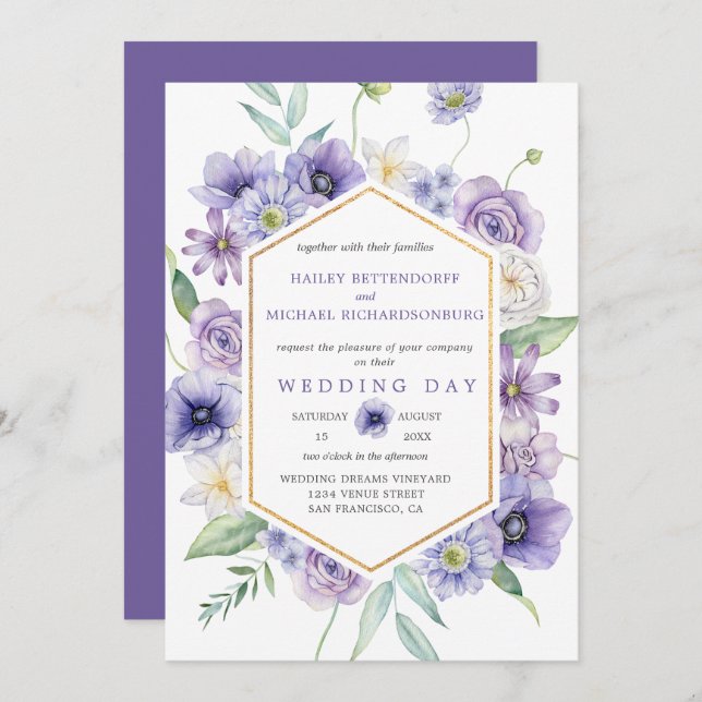 Convites Disias Roxas, Anêmonas, Casamento Floral de Rosas  (Frente/Verso)