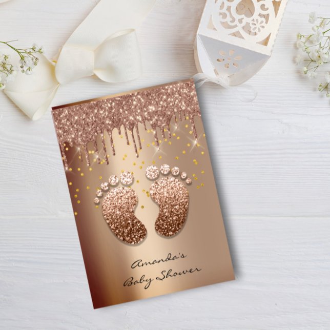 Convites Dissipadores com brilho Rosa Chá de fraldas Dourad (Spark Glitter Drips Rose Gold Baby Shower Foot Invitation)