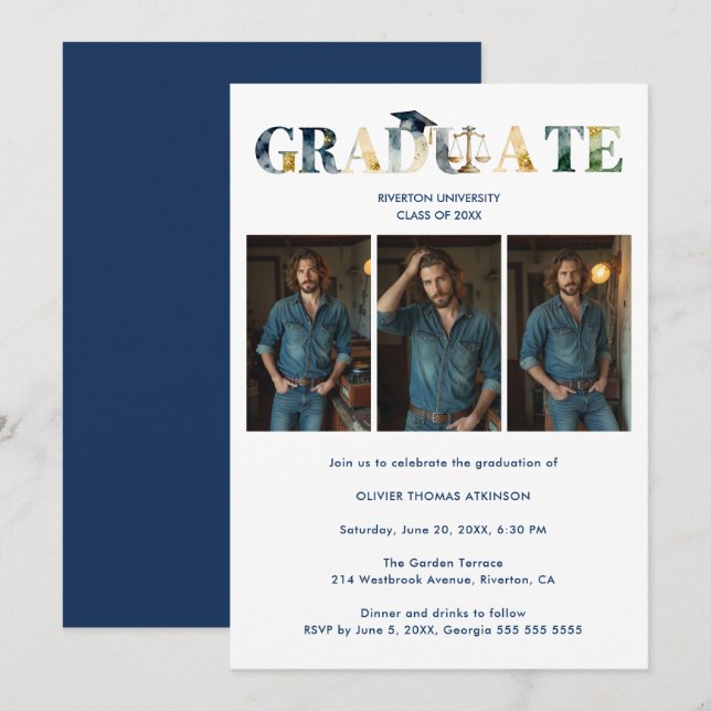 Convites Distinguished Navy Blue Grad Law 3-Photo Layout (Frente/Verso)