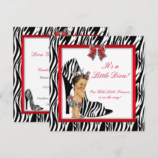 Convites Diva Princesa Menina Zebra Chá de Bebê Morena (Frente/Verso)