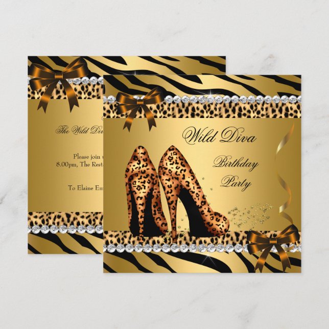 Convites Diva Selvagem Leopard Zebra Saltos Altos Festa de  (Frente/Verso)