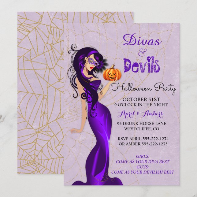 Convites Diva Sexy de Halloween com Máscara Segurando Abóbo (Frente/Verso)