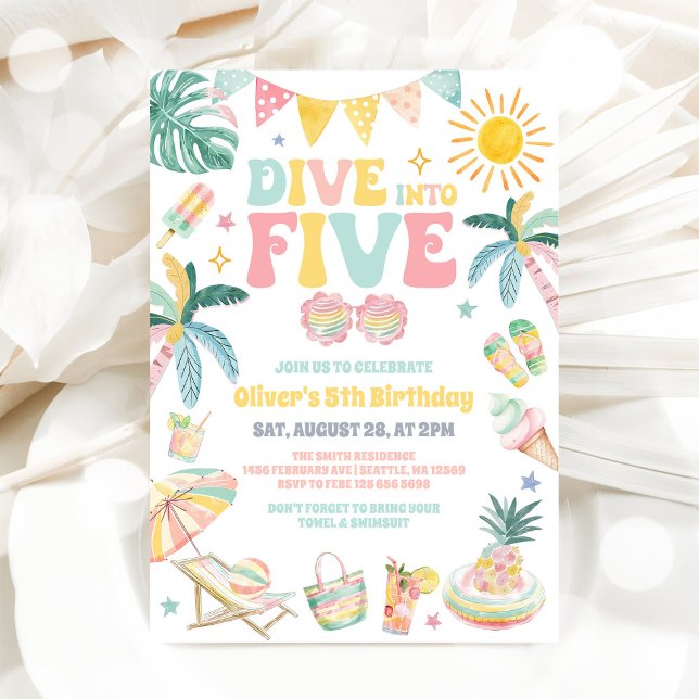 Convites Dive Into Five Beach Party Summer 5th Birthday  (Criador carregado)