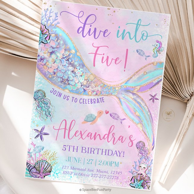 Convites Dive into Five Birthday Mermaid (mermaid birthday invitation, dive into five, mermaid party invite, 5th birthday mermaid, under the s)