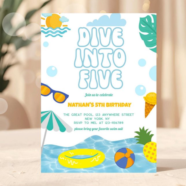 Convites Dive Into Five Boy 5th Birthday Pool Summer Party (pool party invitation, dive into five invite, summer birthday invite, beach birthday invitation, kid)