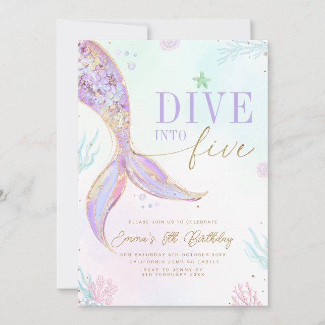 Convites Dive into Five Mermaid Birthday Invitation Editabl (Frente)