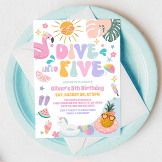 Convites Dive Into Five Pool Party Summer 5th Birthday