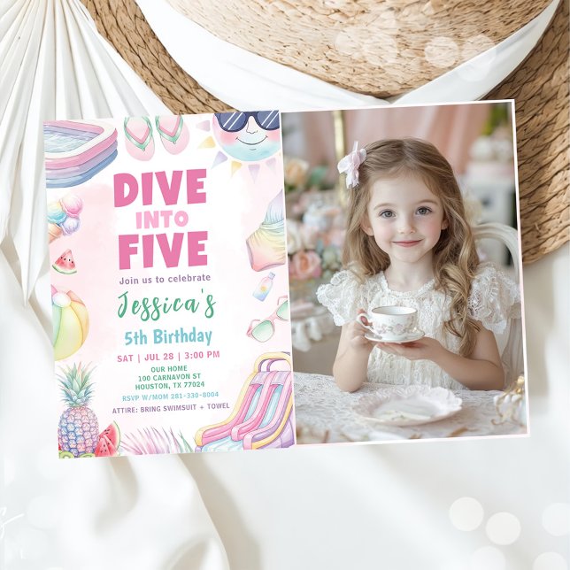 Convites Dive Into Five - Summer Girl 5th Birthday Photo (Criador carregado)