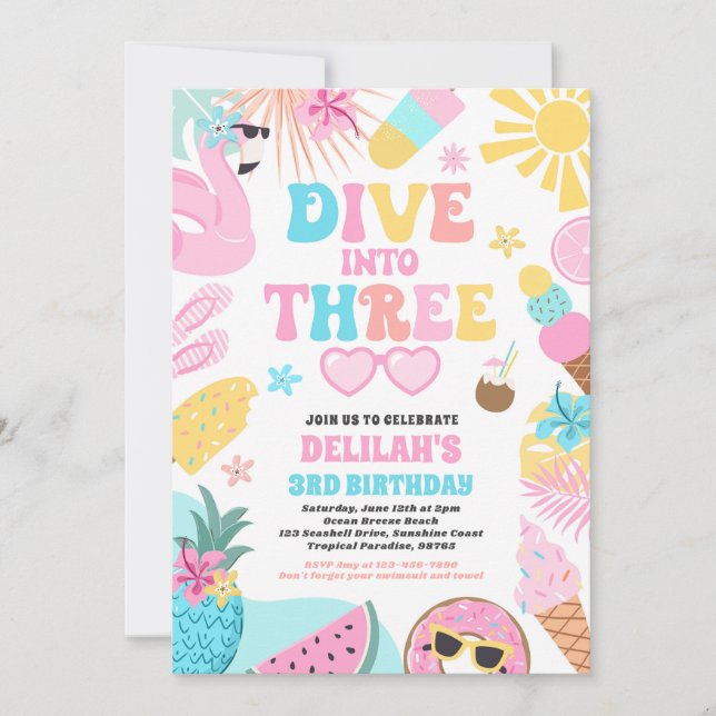 Convites Dive Into Three Tropical Beach 3rd Birthday Party (Frente)