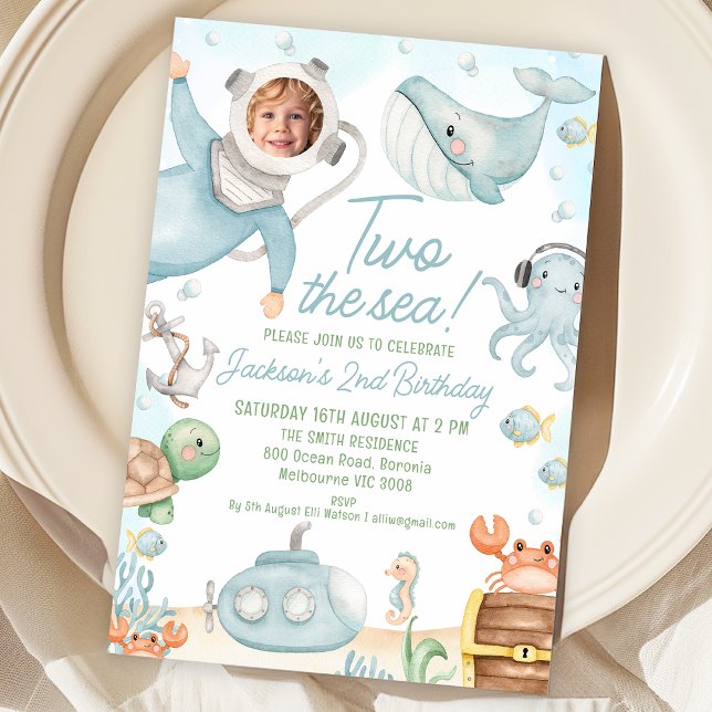 Convites Diver Azul Dois Aniversário de 2 Anos no Mar (Scuba Diver Two the Sea 2nd Birthday Invitation Boy, Under the Sea Second Birthday Invite, Photo)