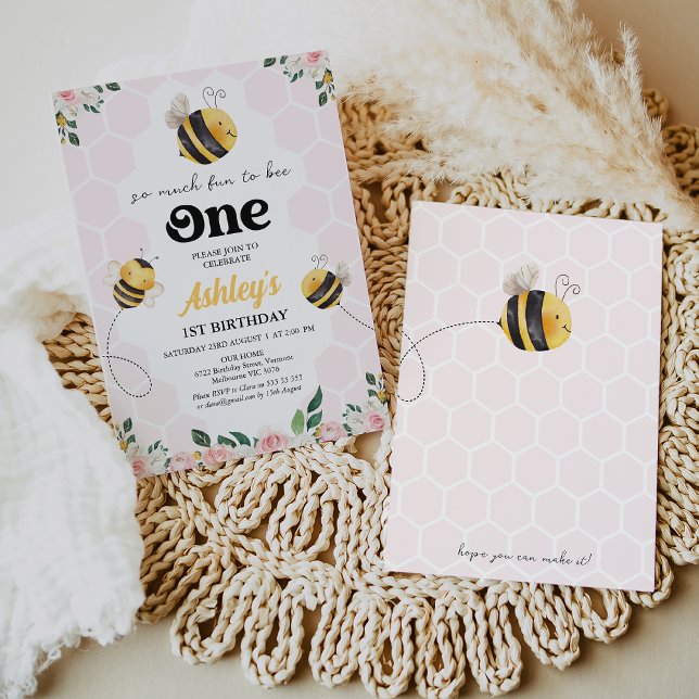 Convites Diversão Amarelo Rosa Floral Para Ser Um primeiro  (Girls So Fun To Bee One 1st Birthday Invitation Template, Editable Bee First Birthday Invitation,)
