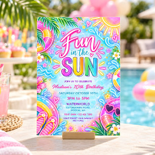 Convites Diversão ao Sol Neon Festa Tropical de Piscina Ani