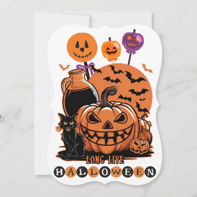 Convites Diversão Assustadora de Halloween com Gatos Pretos (Frente)