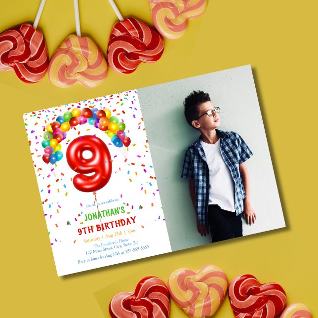 Convites Diversão Bright Confetti Balões Foto 9º Aniversári (Criador carregado)