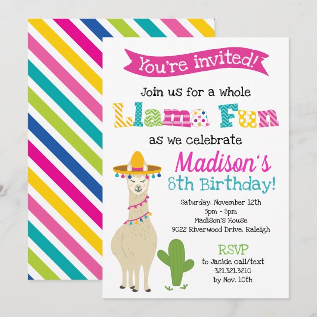 Convites Diversão completa do Llama - Festa de aniversário  (Frente/Verso)