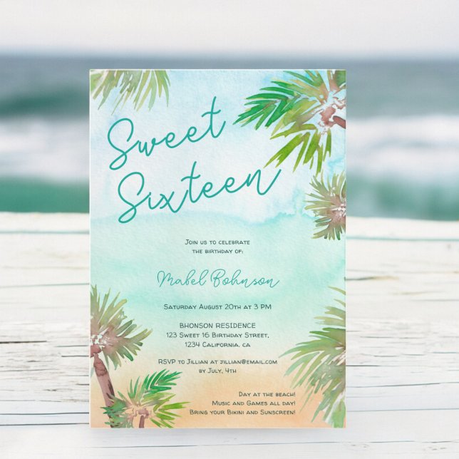 Convites Diversão das palmeiras tropicais praia cor d'água  (Fun Tropical palm trees watercolor beach Sweet 16 Invitation)