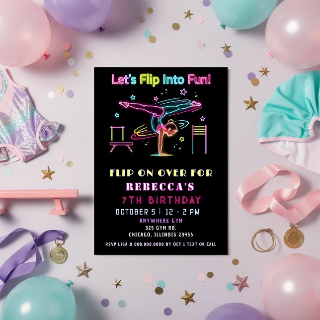 Convites Diversão de Aniversário de Ginástica Neon Glow Vir (Flip On Over Fun Neon Glow Gymnastic Birthday Invitation)