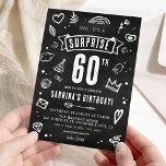 Convites Diversão de Arroz do Quadro de discussão Surpresa<br><div class="desc">Uau, seus amigos e família com este único e divertido rabisco 'Shhh... é uma surpresa' 60º Convite de aniversário. O fundo da lousa lousa e ilustrações bonitas desenhadas à mão fazem dele um ajustado perfeito para qualquer surpresa de aniversário. Personalize facilmente os detalhes do seu evento para uma celebração memorável!...</div>