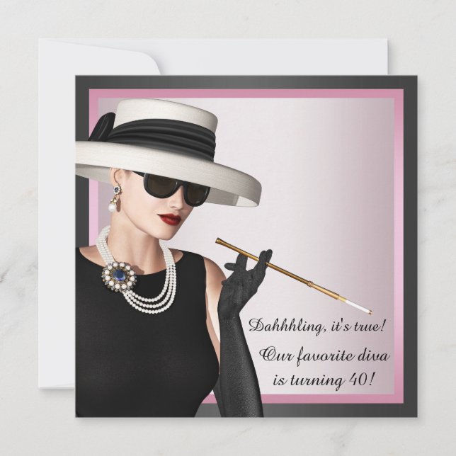 Convites Diversão Diva Mulher Rosa e Preto 40º Aniversário (Frente)
