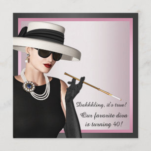 Convites Diversão Diva Mulher Rosa e Preto 40º Aniversário