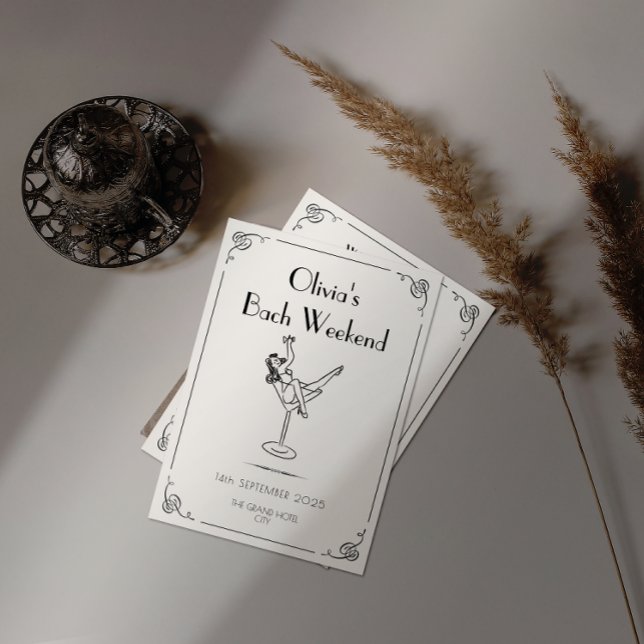 Convites Diversão e Whimsy retrais | Bachelorette única (Modern retro bachelorette weekend invitation on plain background next to dried pampas)