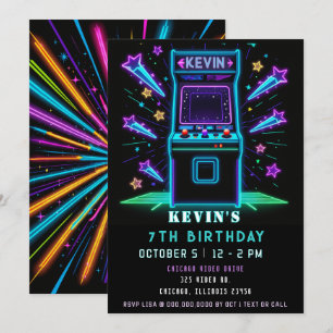 Convites Diversão em Neon no Arcade de Aniversário