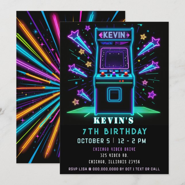 Convites Diversão em Neon no Arcade de Aniversário (Frente/Verso)